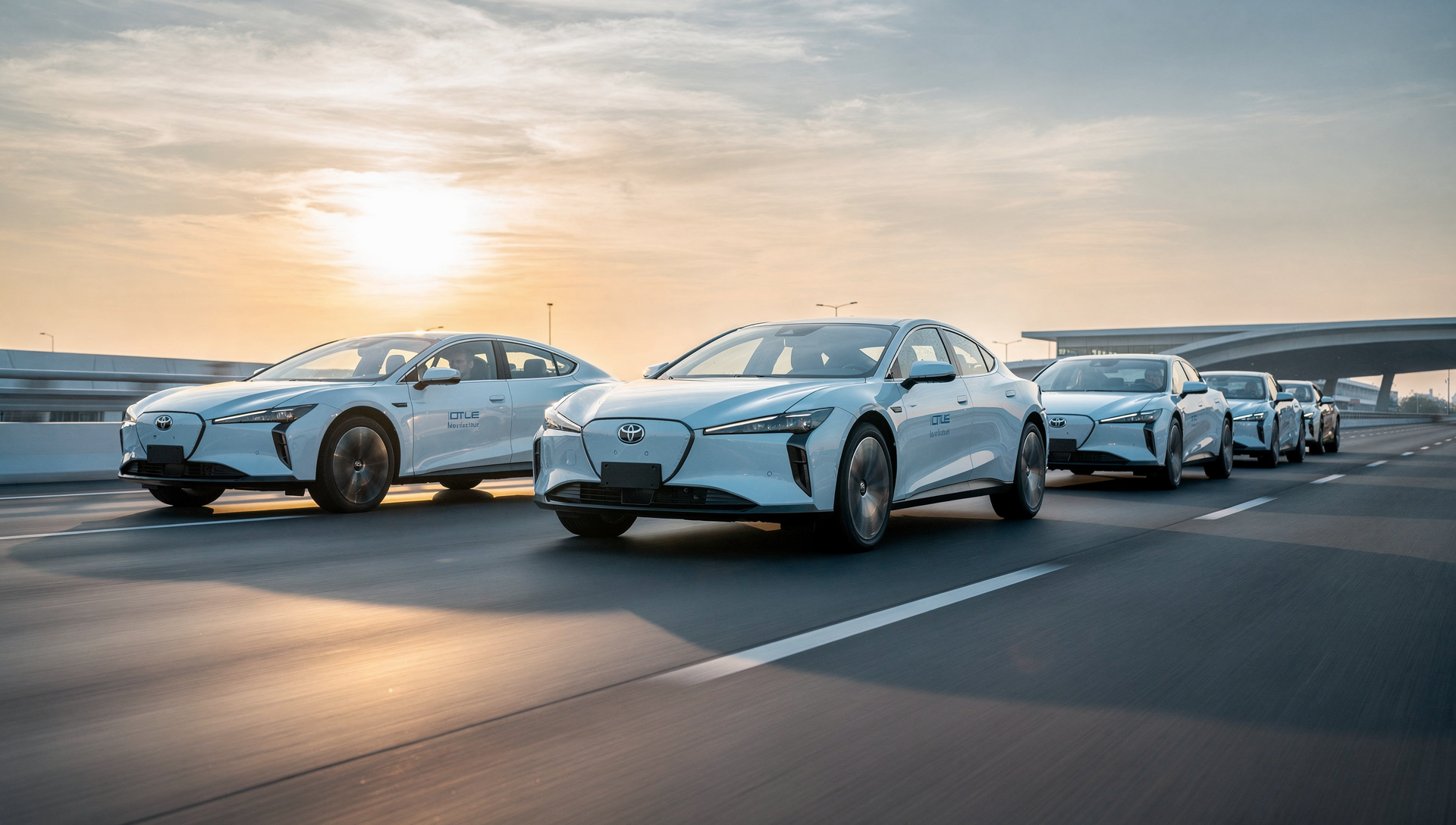 Modern vehicle fleet on open highway at sunset